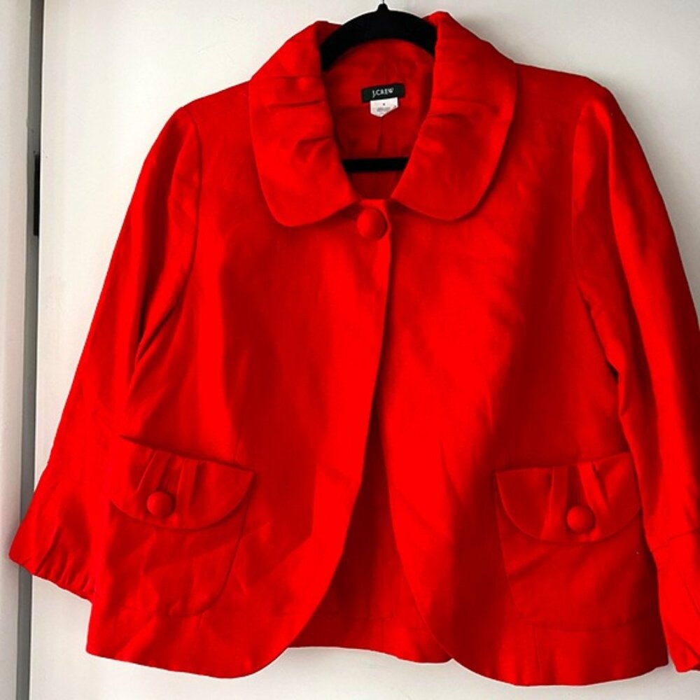 Women’s J. CREW 100% Linen Red Bell Sleeve Collared Blazer Jacket. Color is red